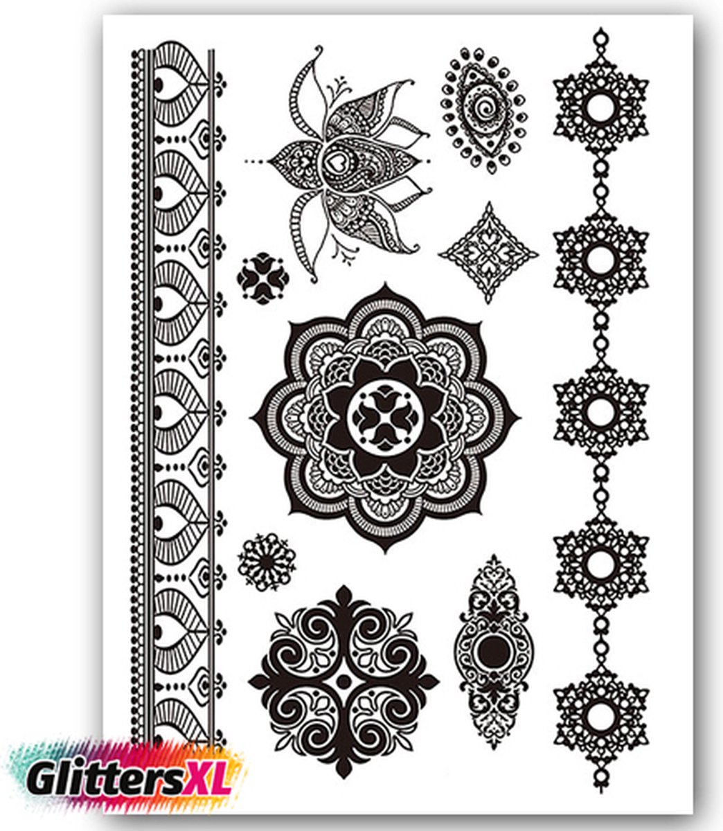 GlittersXL - Temporary Tattoo Henna (A5 formaat) [Neptattoo - Tijdelijke tatoeage - Nep Fake Tattoos - Water overdraagbare festival sticker henna outfit tattoo - Glitter tattoo - Volwassenen Kinderen Jongen Meisje]